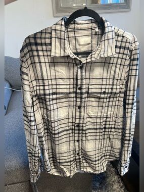 7 For All Mankind Men's Black & Cream Plaid Button-Down Shirt